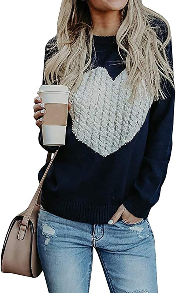 Women's Pullover Sweaters Long Sleeve Crewneck Cute Heart Knitted Sweaters | Amazon (US)