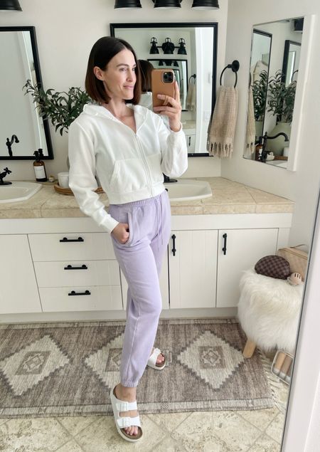 FASHION \ loungewear I love: zip up hoodie from Amazon and purple joggers🙋🏻‍♀️ wearing a small in both!

Mom outfit 
Slides 

#LTKSeasonal #LTKstyletip #LTKfindsunder100