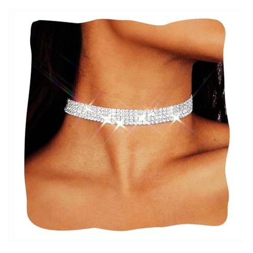 JAKAWIN Diamond Choker Necklace Silver Rhinestone Chokers Jewelry for Women (4 Row) | Amazon (US)