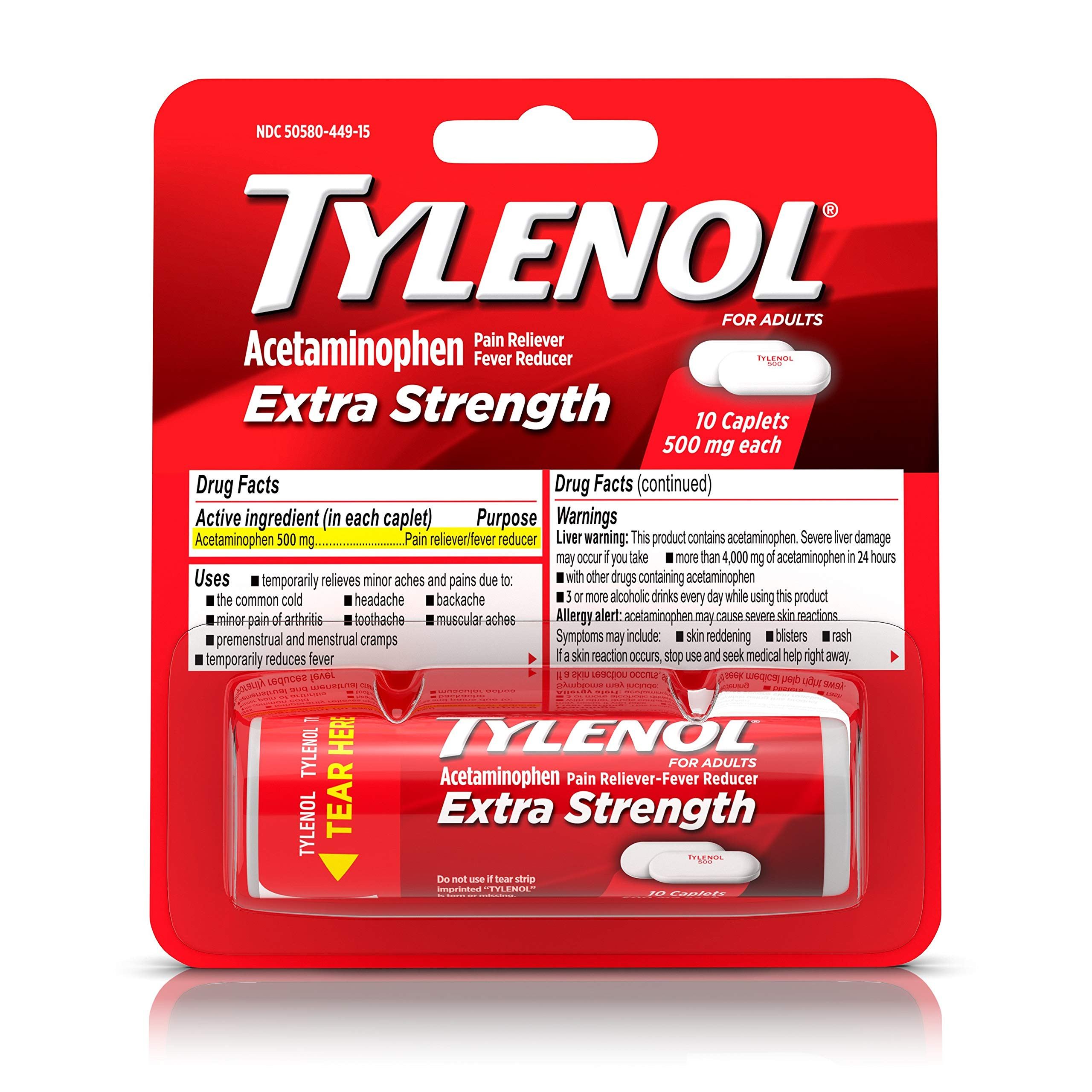 Tylenol Extra Strength Caplets with 500 mg Acetaminophen, Pain Reliever & Fever Reducer, 10 ct | Amazon (US)