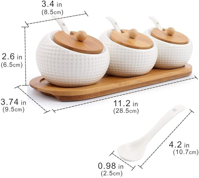 Porcelain Condiment Jar Spice Container with Lids - Bamboo Cap Holder Spot, Ceramic Serving Spoon... | Amazon (US)