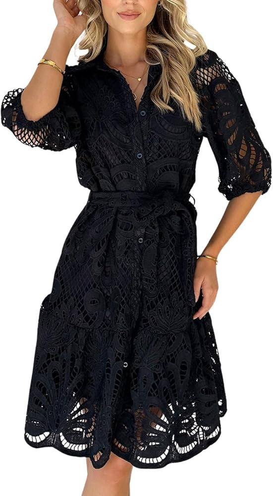 Women's Summer Hollow Out Lace Mini Dress Lantern Sleeve Lapel Button Ruffle Casual Beach Party D... | Amazon (US)