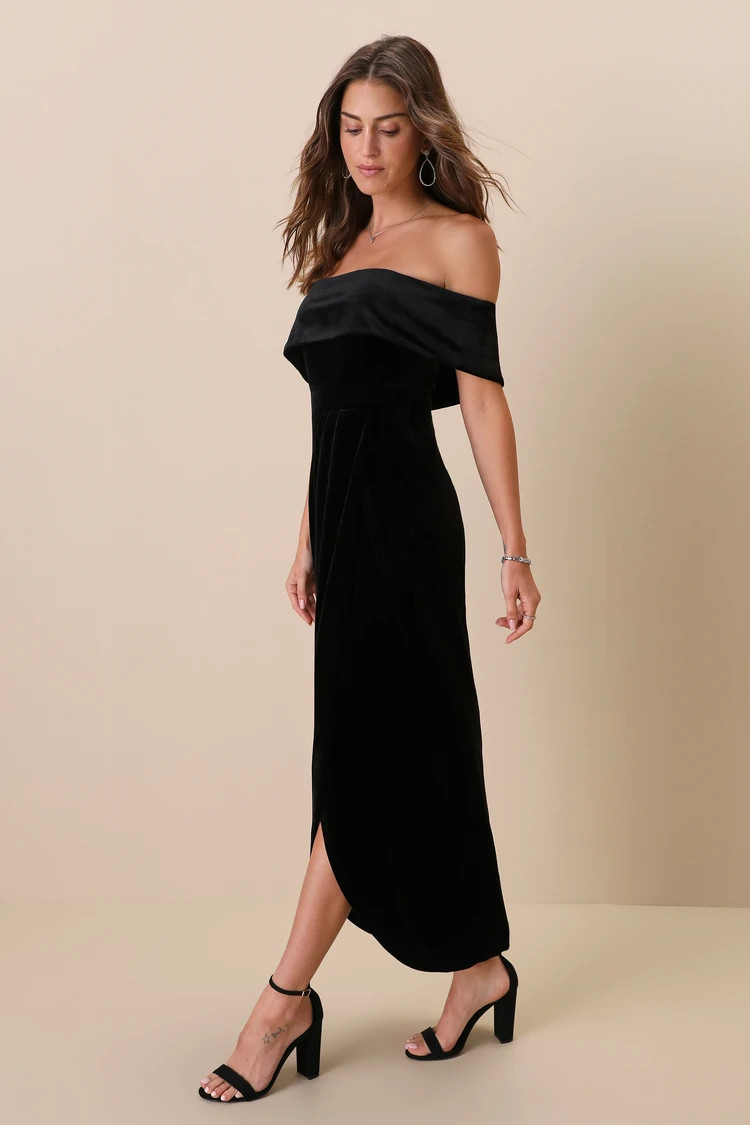 I'm Enchanted Black Velvet Off-the-Shoulder Maxi Dress | Lulus
