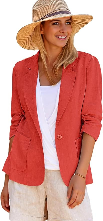 2025 Summer Linen Blazer Women Lightweight 3/4 Stretchy Ruched Sleeve Fully-Lined Casual Work Jac... | Amazon (US)