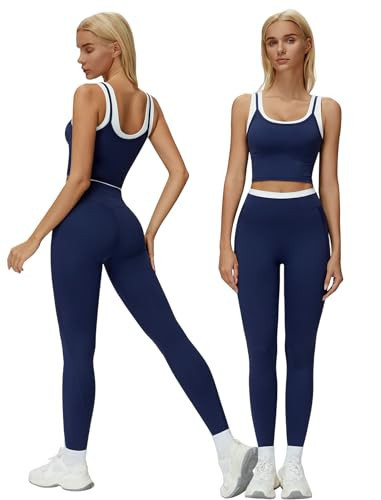 QBGJTD Womens Workout Sets Two Piece Racerback Color Block Tank Tops Matching Tummy Control High Waist Leggings 2 Piece for Women Gym Yoga Active Wear Outfits Athletic Work Out Set U Back Dark Blue L | Amazon (US)