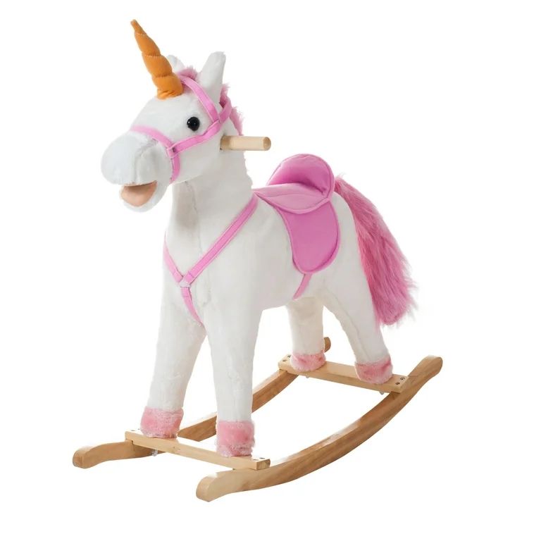 Ride-On Plush Unicorn Rocking Horse with Sturdy Wooden Base, Pink - Walmart.com | Walmart (US)
