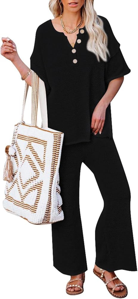 Pink Queen Women's 2 Piece Outfits Short Sleeve Button Knit Pullover Sweater Top Wide Leg Pants S... | Amazon (US)