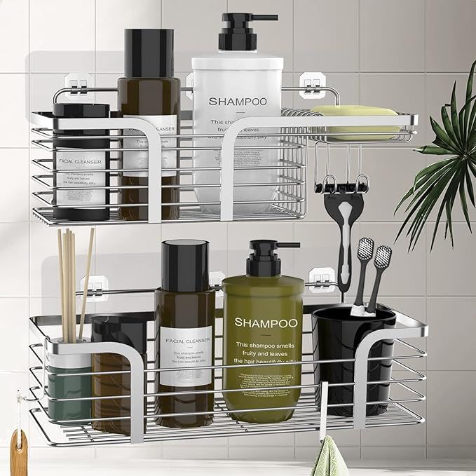 Shower Organizer, Adhesives Shower Caddy with Hooks, No Drilling Wall Mounted Shower Shlef, SUS30... | Amazon (US)
