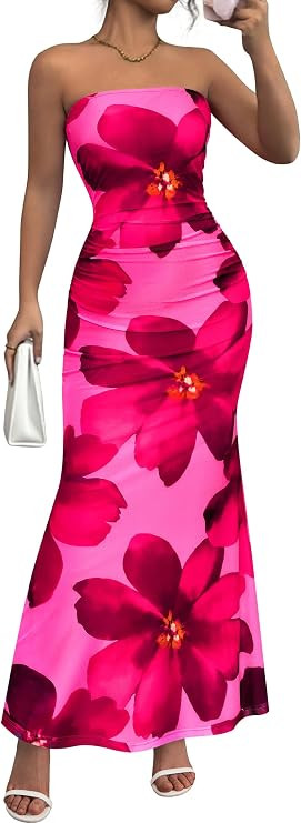 PRETTYGARDEN Womens Spring Dresses 2026 Sexy Strapless Tube Bodycon Mesh Ruched Floral Maxi Dress... | Amazon (US)
