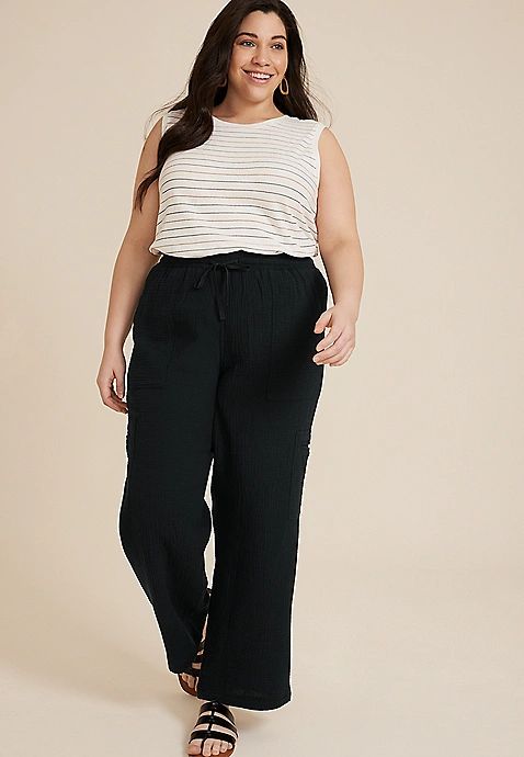 Plus Size High Rise Double Cloth Cargo Wide Leg Pant | Maurices