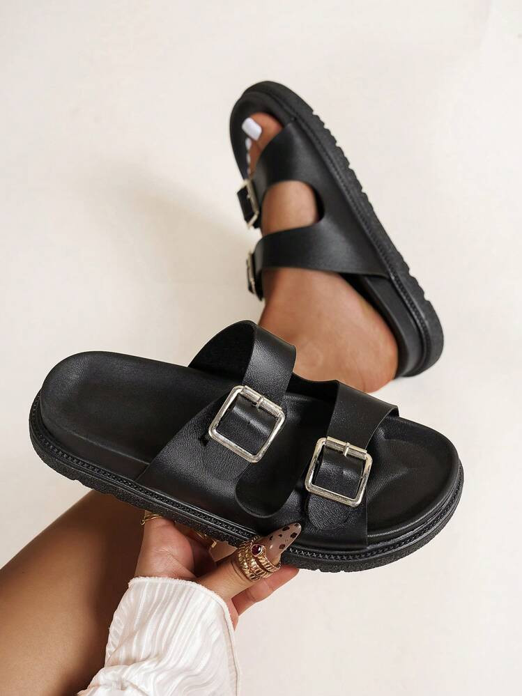 Women's Round Toe Double Strap Buckle Design Thick Sole Black Slide Sandals, Casual Indoor Slippe... | SHEIN
