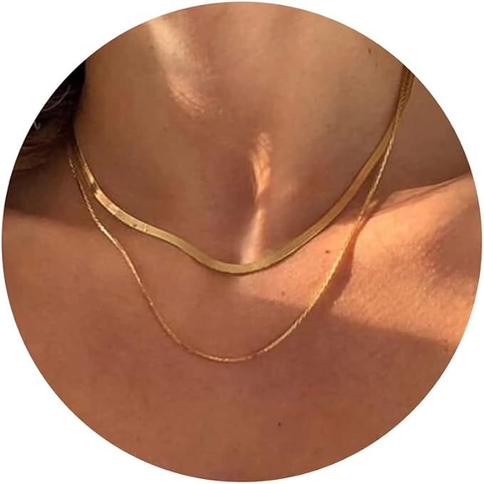 Amazon.com: Tewiky Gold Necklace for Women, 14k Gold Plated Layered Gold Herringbone Necklaces Daint | Amazon (US)