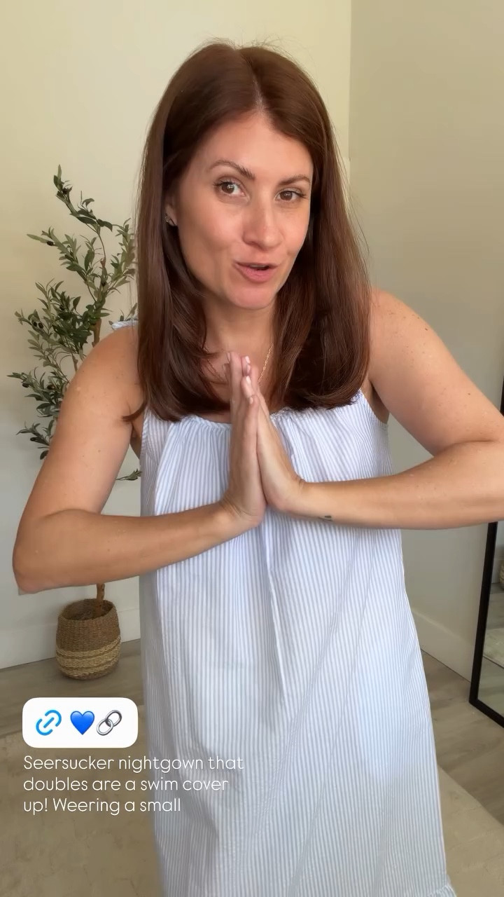 Seersucker nightgown that doubles are a swim cover up! Weering a small