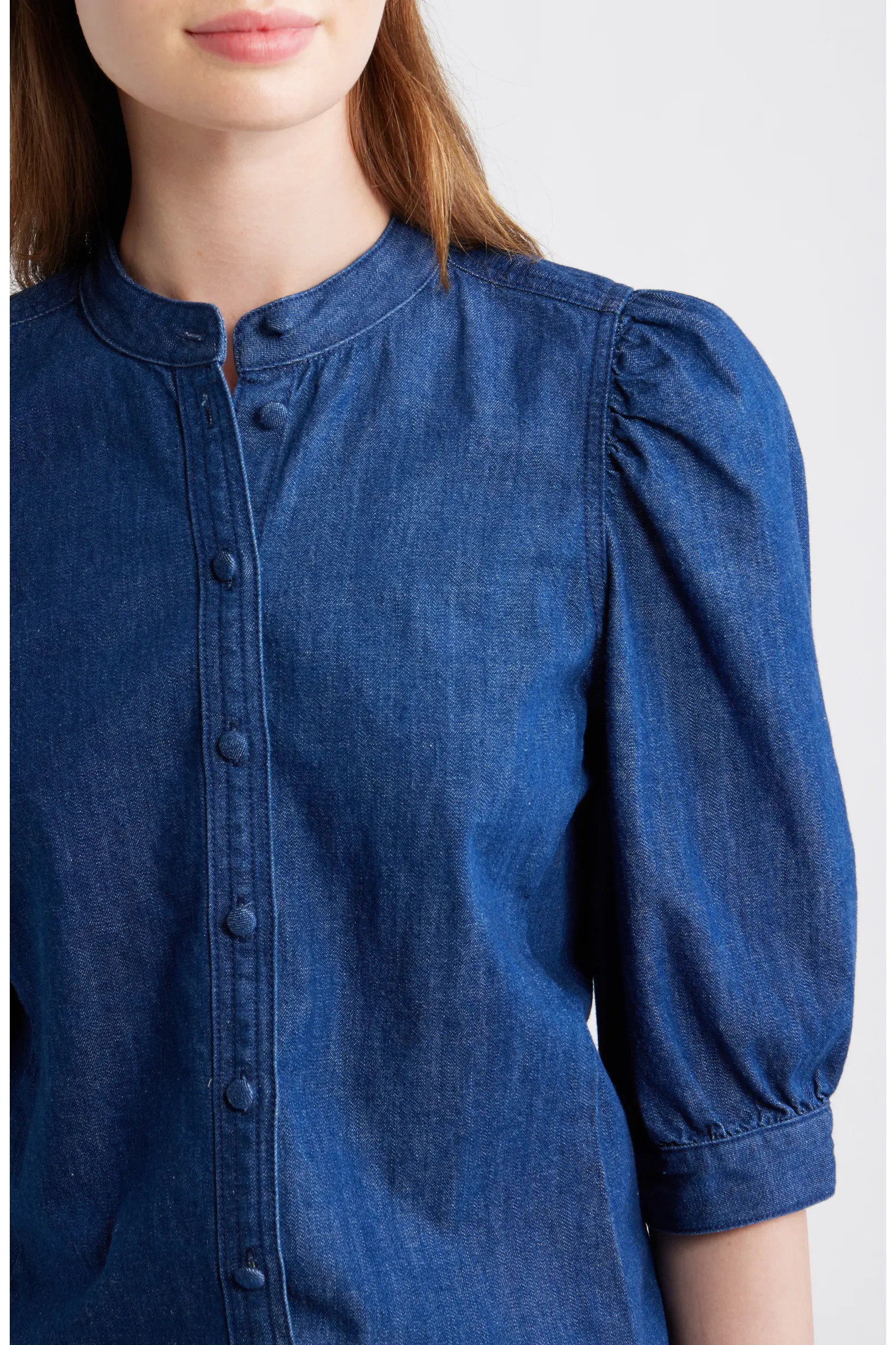 Denim Puff-Sleeve Band-Collar Shirt (Women) | Nordstrom | Nordstrom