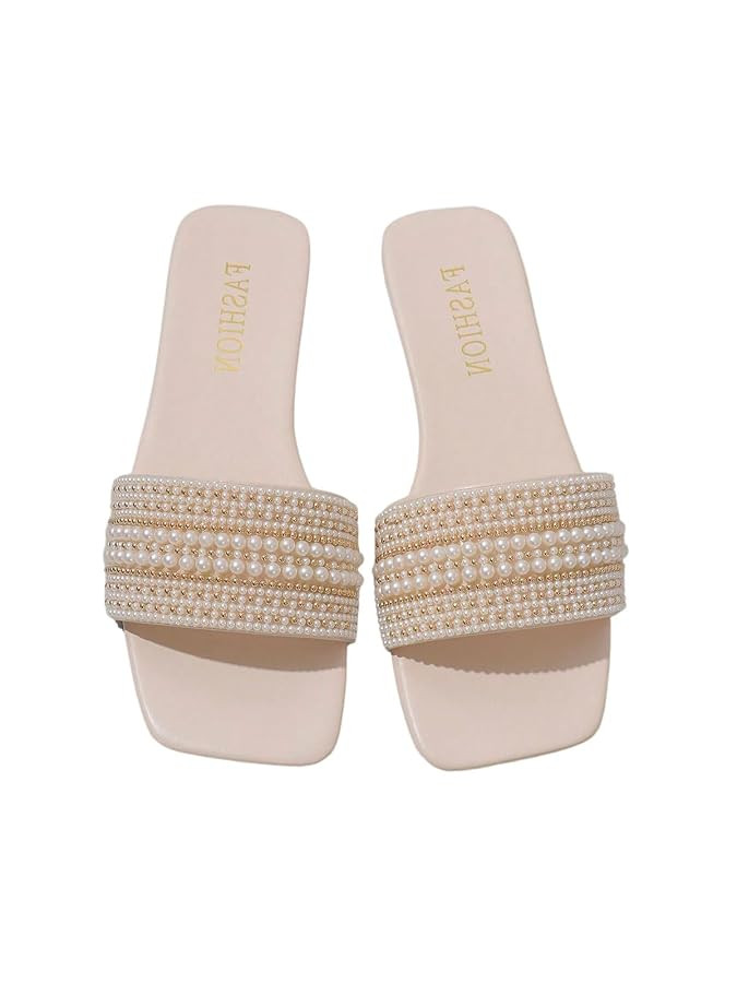 Amazon.com | Verdusa Women's Pearl Decor Flat Sandals Slip Open Toe Leather Slippers Slip on Slid... | Amazon (US)