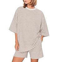 Oversized 2 Piece Striped Lounge Sets Summer Short Sleeve T Shirts Shorts Casual Matching Pajamas Set | Amazon (US)