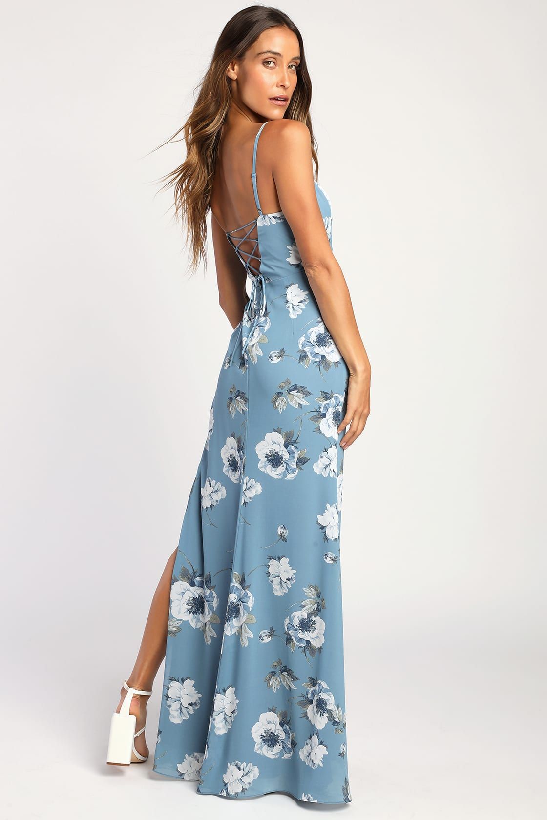 Feeling Elegant Slate Blue Floral Print Lace-Up Slit Maxi Dress | Lulus