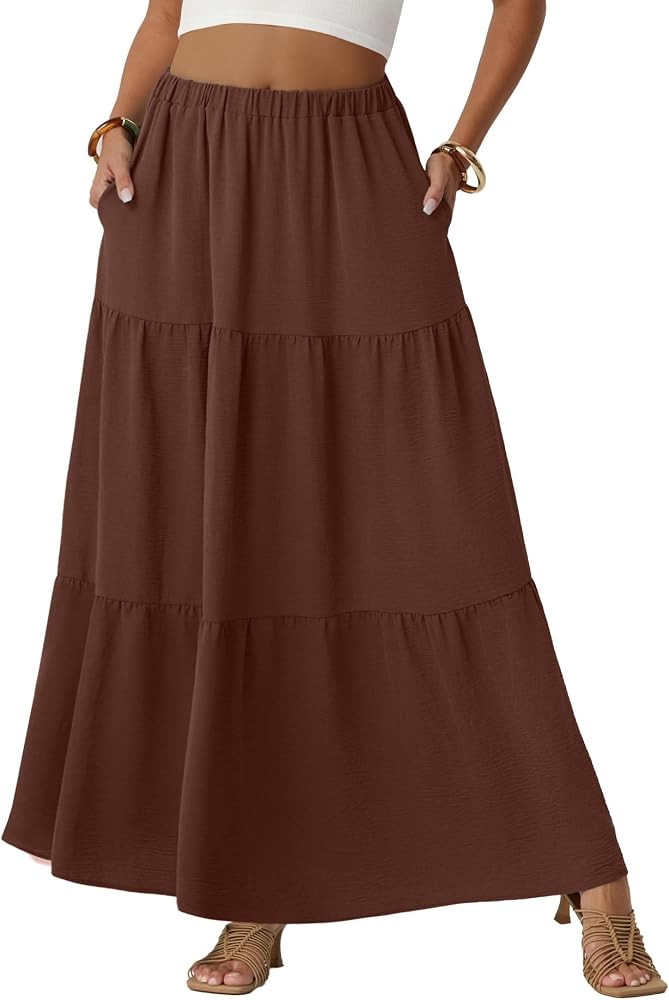 Womens Boho Casual Maxi Skirts Flowy Elastic High Waisted A-Line Long Skirts with Pockets Beach V... | Amazon (US)