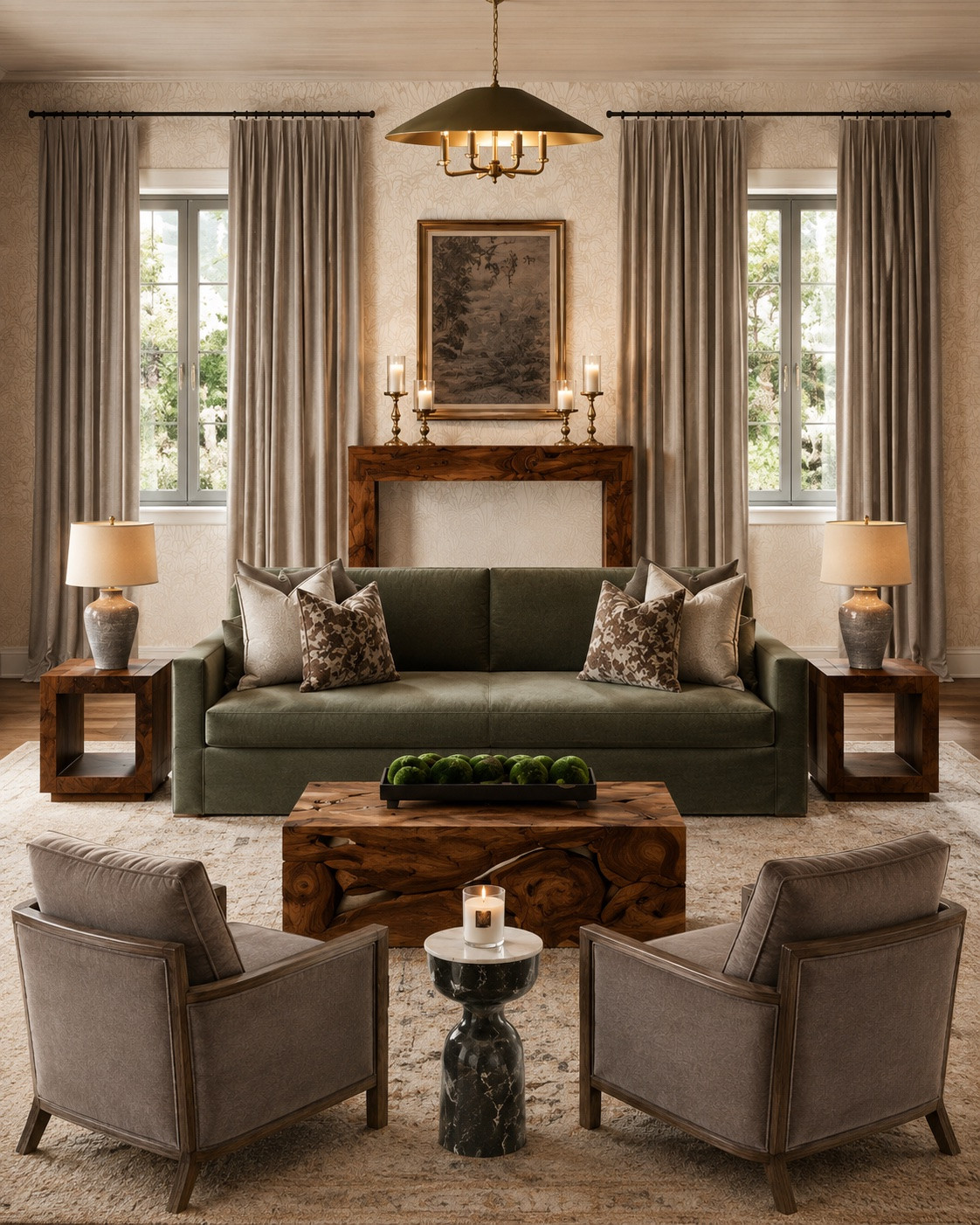 Render and design of a moody living room with pops of olive green

#LTKdayinmylife #LTKHome #LTKSaleAlert