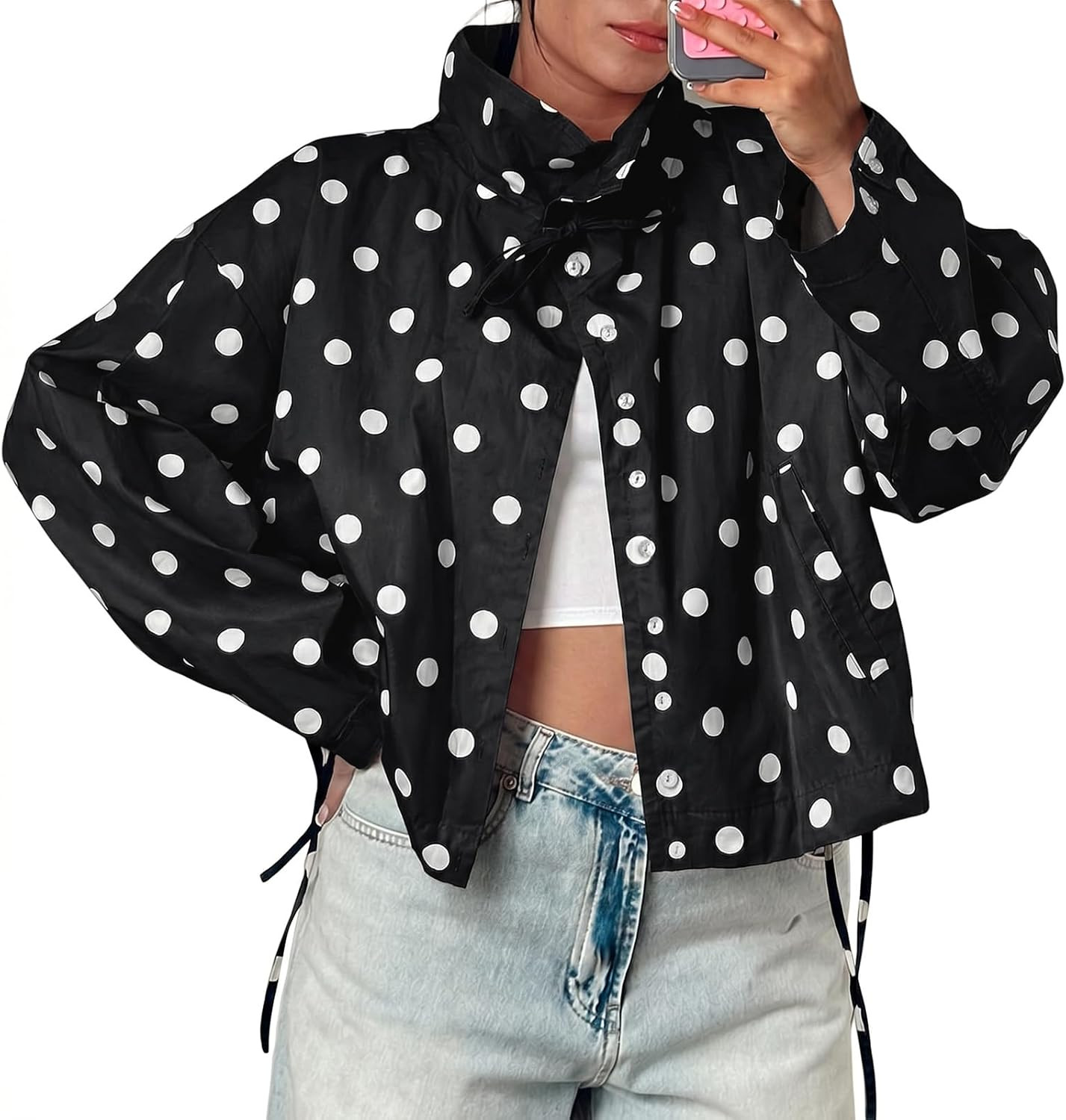 Cicy Bell Womens Polka Dot Short Trench Coat Cropped Stand Collar Jackets | Amazon (US)