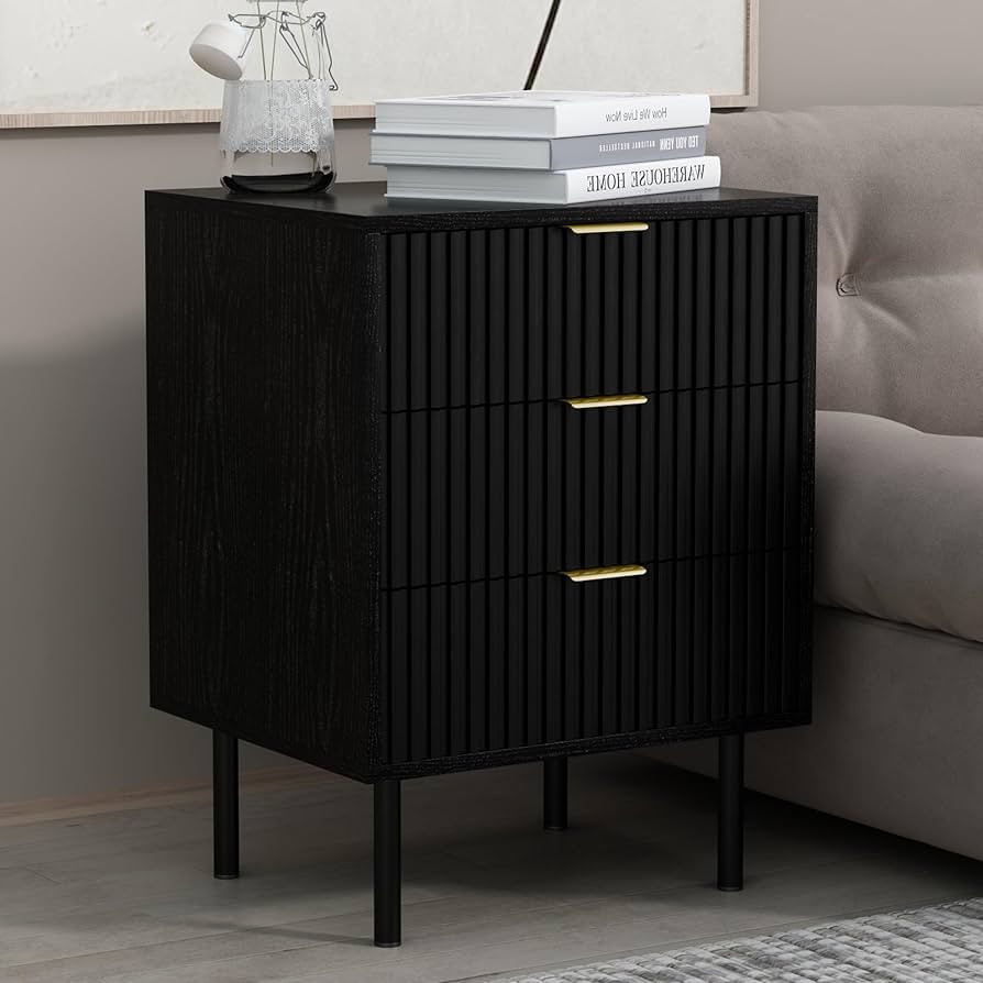 conifferism Fluted Black Nightstand 3 Drawers, 19" Small Bedroom 26" Tall Bedside Night Stand, Mi... | Amazon (US)