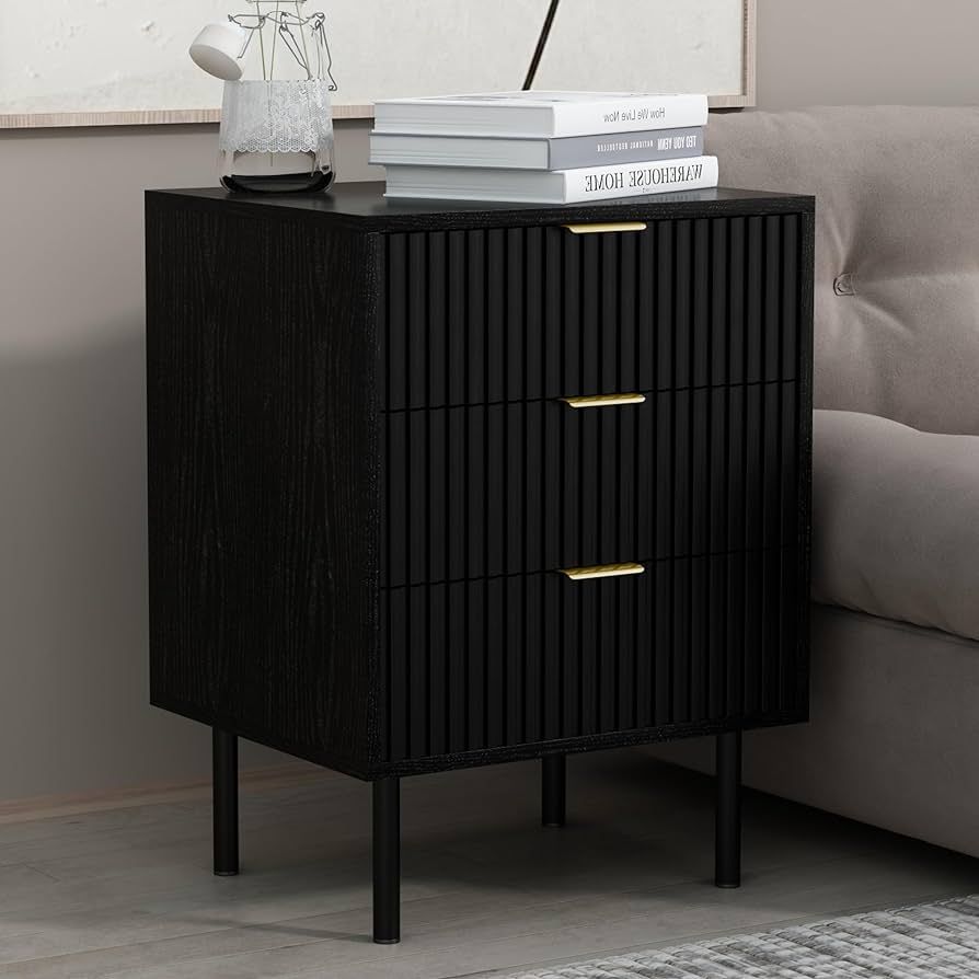 Fluted Black Nightstand 3 Drawers, Bedroom 26” Tall Bedside Night Stand, Modern Bed Side End Ta... | Amazon (US)