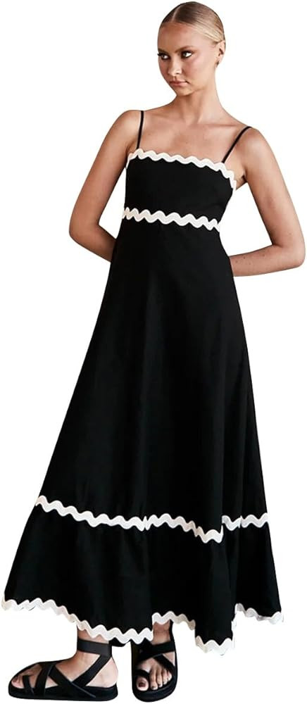 OBEEII Women Summer Dresses 2024 Vacation Boho Spaghetti Strap Backless Smocked Rickrack Trim Flo... | Amazon (US)