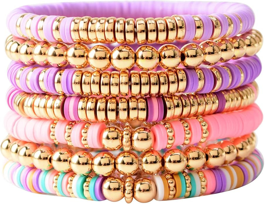 GOOJIDS Surfer Heishi Clay Bead Bracelets for Women Bohemian Stackable Gold Beaded Stretch Bracel... | Amazon (US)