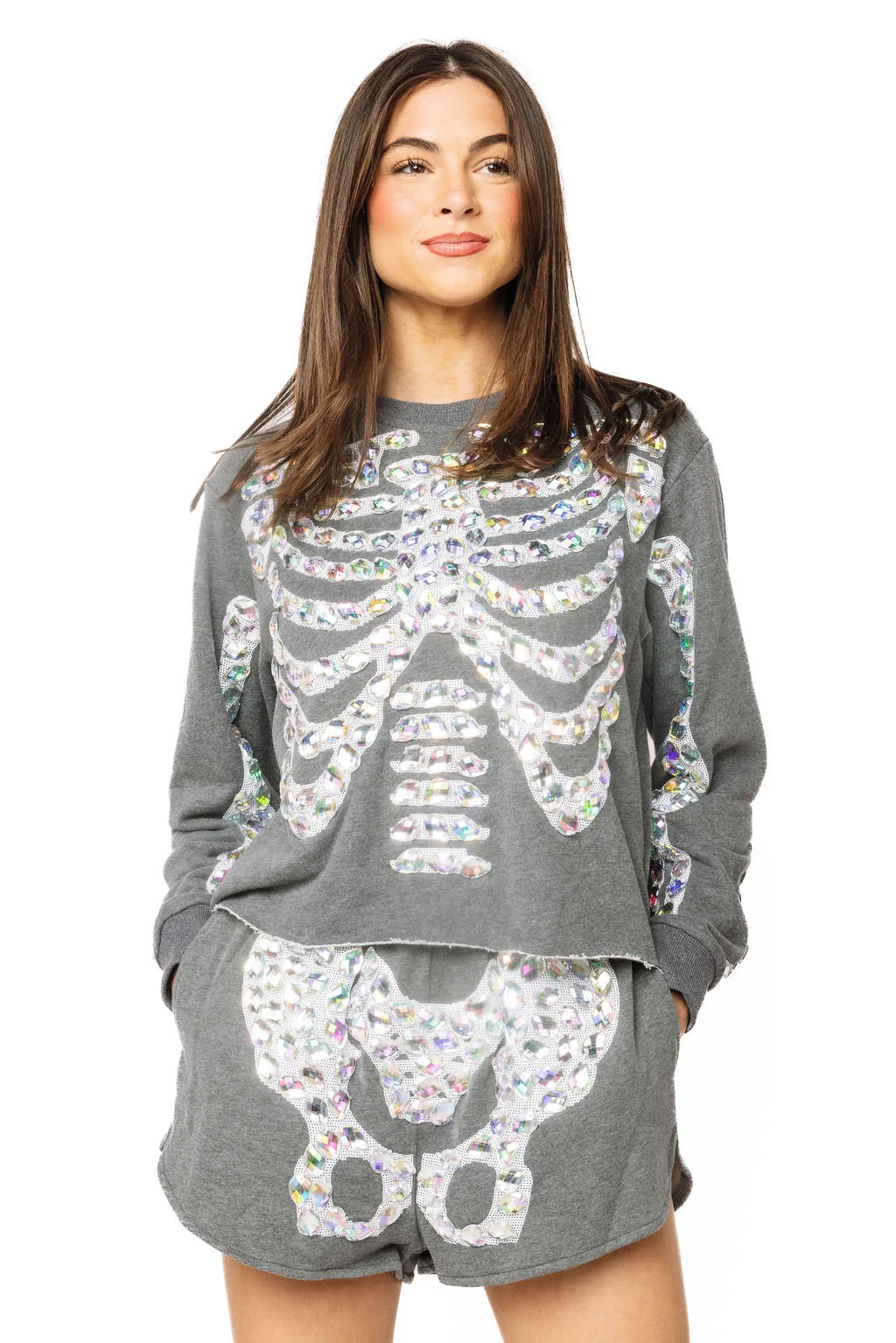 Charcoal Iridescent Jeweled Skeleton Sweatshirt | Queen of Sparkles