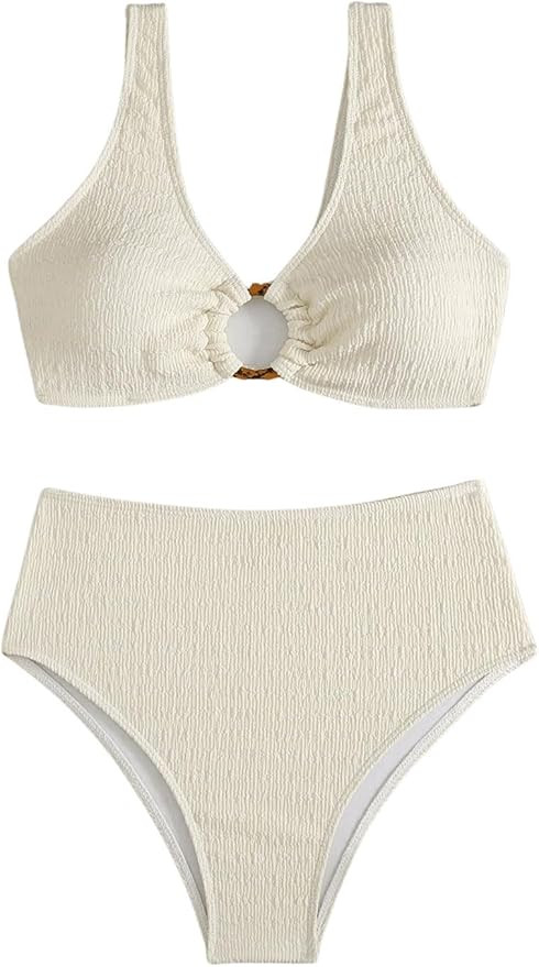 SOLY HUX Women's 2 Piece Bikini Set Ring Linked High Waisted Textured Bathing Suit Swimwear | Amazon (US)