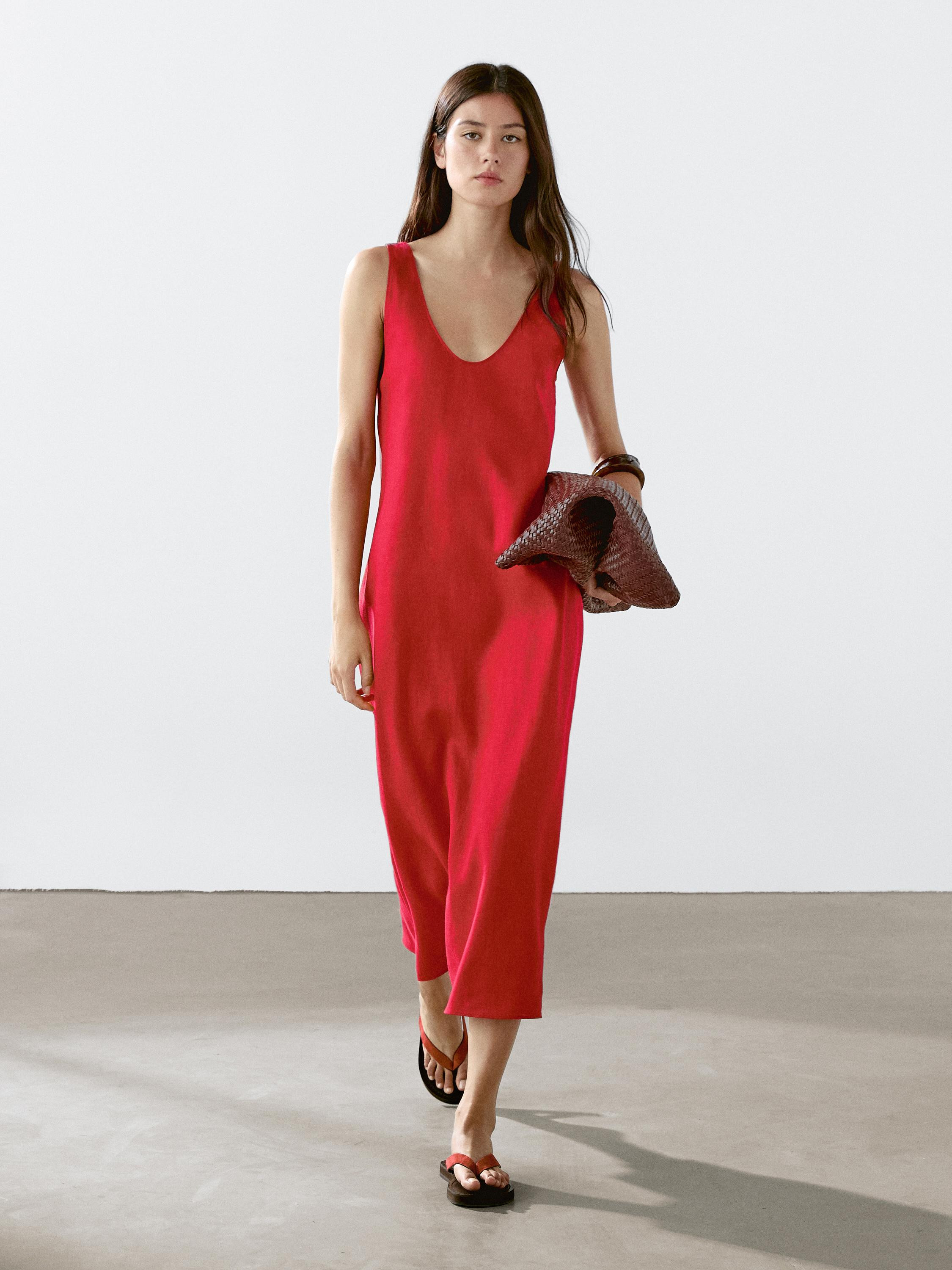 100% linen round neck midi dress | Massimo Dutti UK
