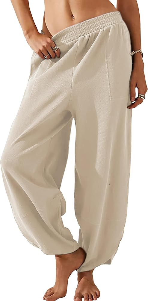 Springrain Womens Baggy Wide Leg Pants Cotton Elastic Waisted Loose Palazzo Harem Pants with Pock... | Amazon (US)