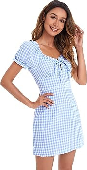 Amazon.com: Verdusa Women's Tie Front Ruched Front Plaid Puff Sleeve A Line Short Dress Plaid Blue M | Amazon (US)