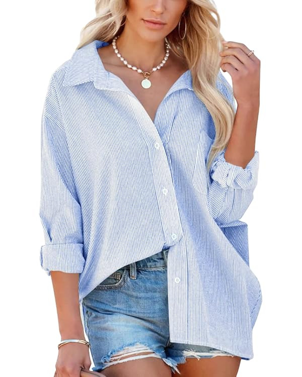 Flowyair Women's Oversized Button Down Shirts Business Casual Long Sleeve Blouse Work Striped Top... | Amazon (US)