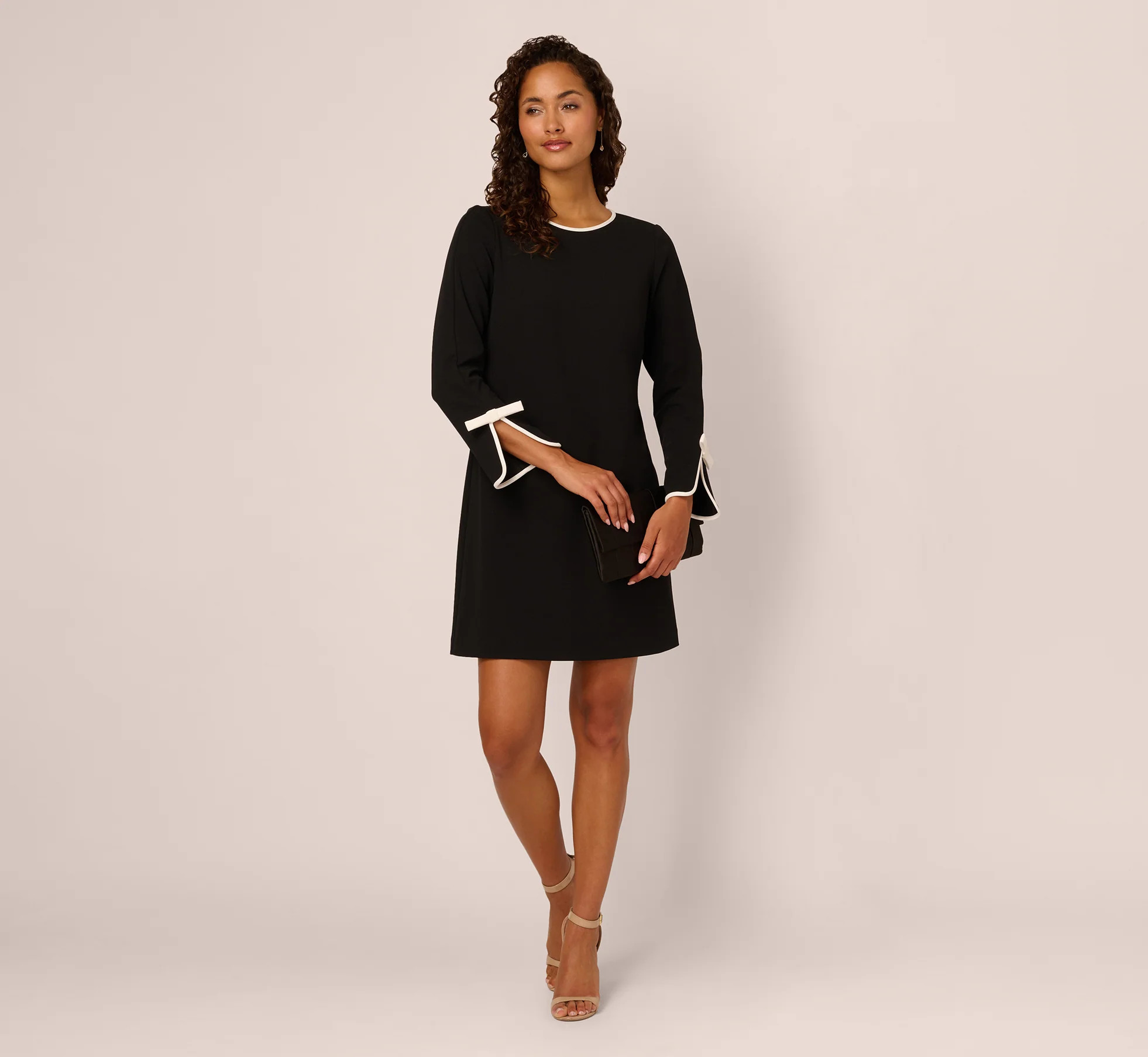 Long Sleeve Contrast Tipped Sheath Dress In Black Ivory | Adrianna Papell