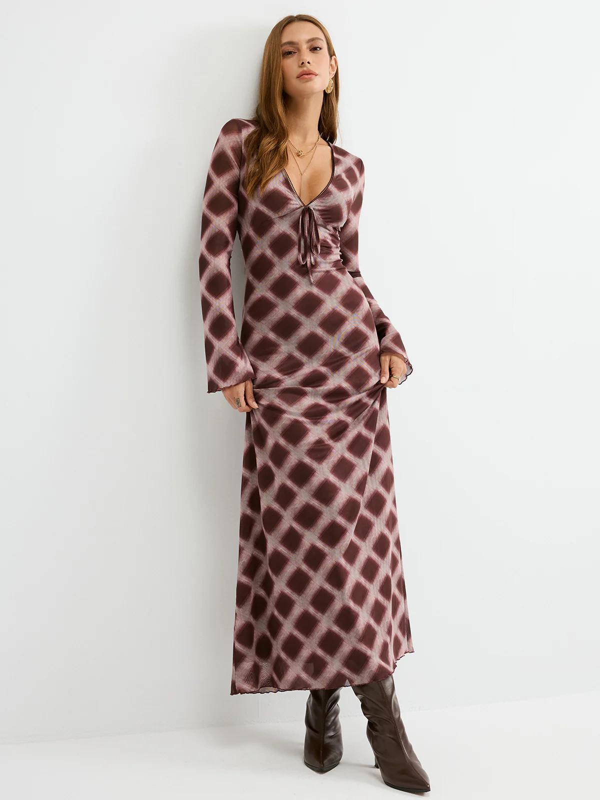 Checkered Mesh Maxi Dress | Commense