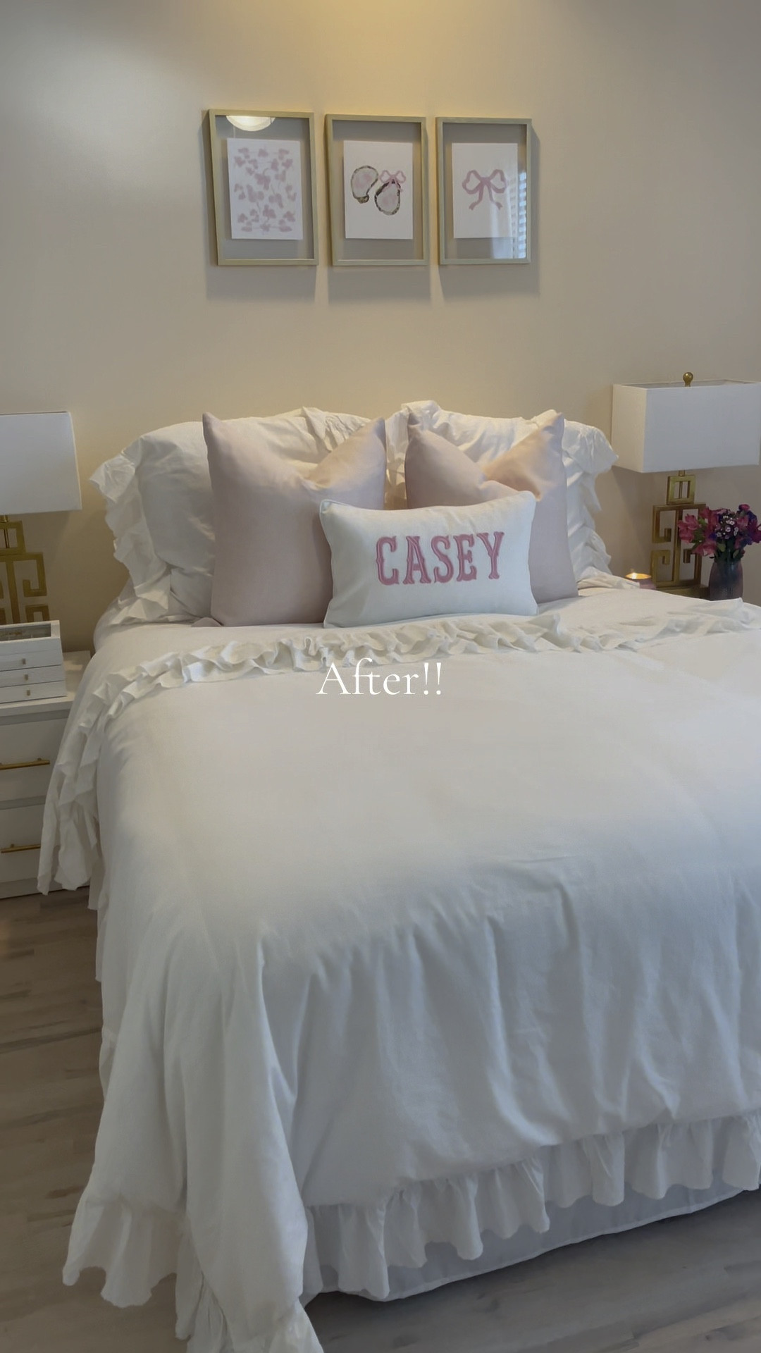 Room renovation//pottery barn//pottery barn teen//girly room//girl bedroom//pink and white bedroom//white duvet//monogrammed pillow//gold lamps//white curtains//curtain hooks 

#LTKhome