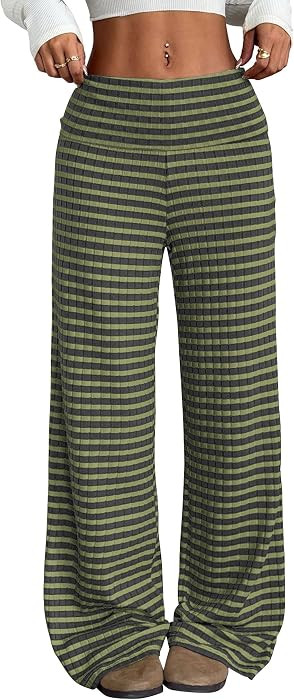 ZAFUL Women's Striped Pants Fold Waist Wide Leg Pants Lounge Pajama Pants | Amazon (US)