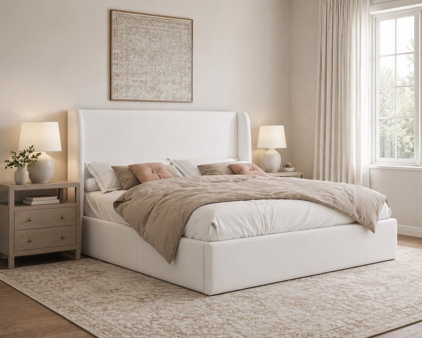 *image created with AI* love these wayfair bedroom finds!!! All on major sale! Bed is storage bed with incredible reviews. Nightstands are an incredible high end look for less!

Bed, upholstered bed, nightstand, area rug neutral rug 

#LTKHome #LTKSaleAlert