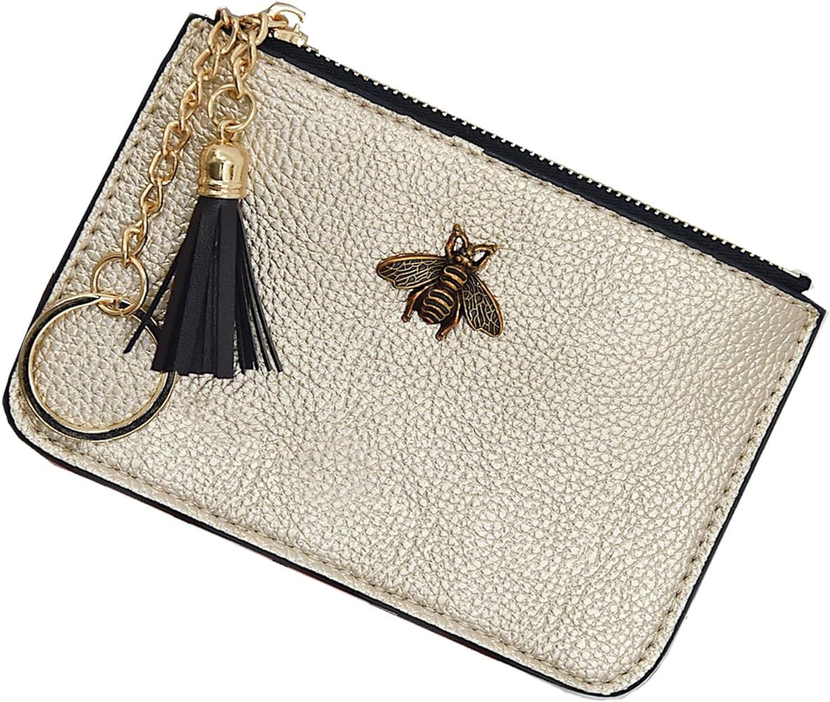 Women's Coin Purse Change Wallet Pouch Leather Card Holder with Key Chain Tassel Zip (Gold) | Amazon (US)