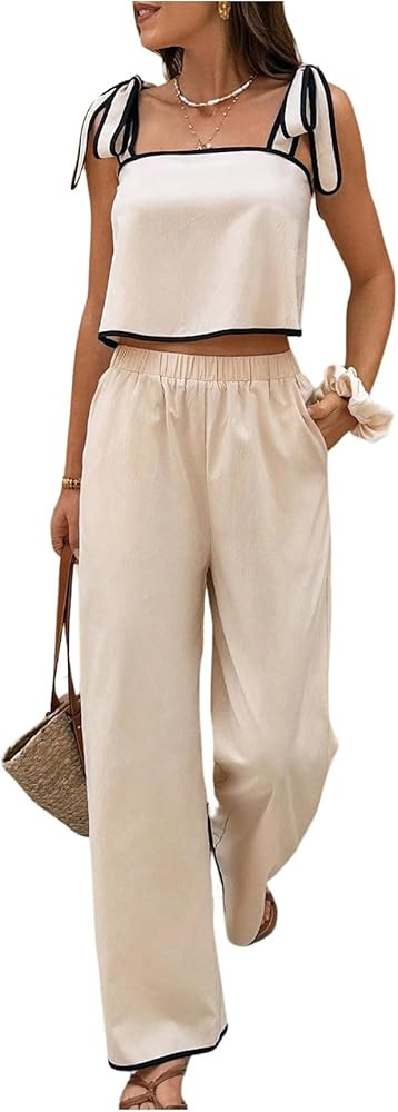SOLY HUX Women's Summer Vacation 2 Piece Set Tie Shoulder Crop Top and Pants Travel Outfits | Amazon (US)