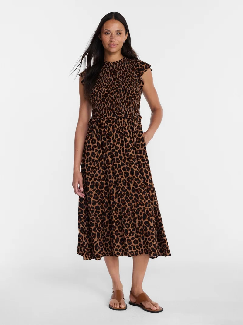 Time and Tru Women's and Women's Plus Smocked Bodice Midi Woven Dress, Sizes XS-4X | Walmart (US)