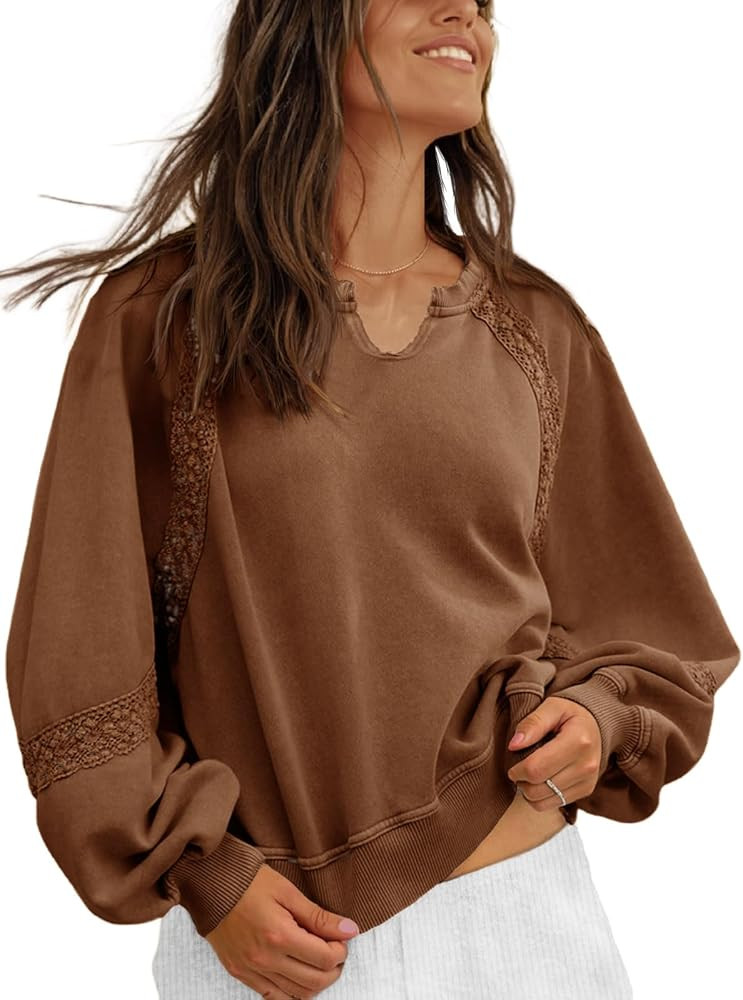 Fisoew Womens Oversized Sweatshirt Casual V Neck Lace Lantern Long Sleeve Cropped Loose Fit Fall ... | Amazon (US)