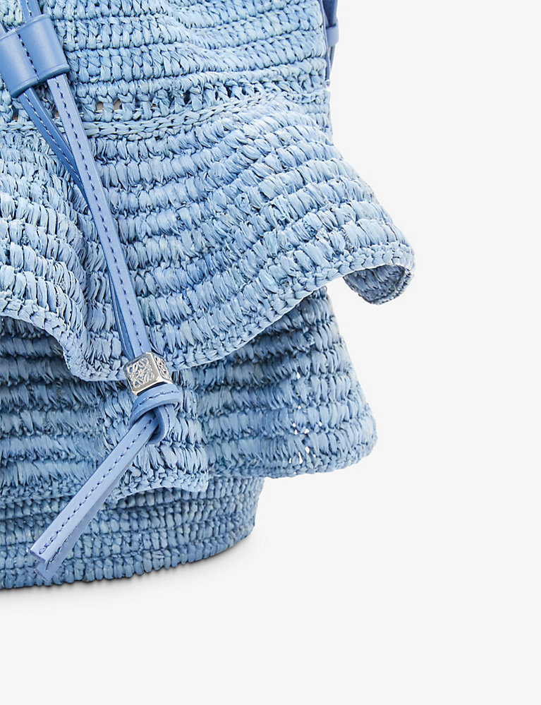 Loewe Paula’s Ibiza Balloon Ruffles raffia and leather bucket bag | Selfridges