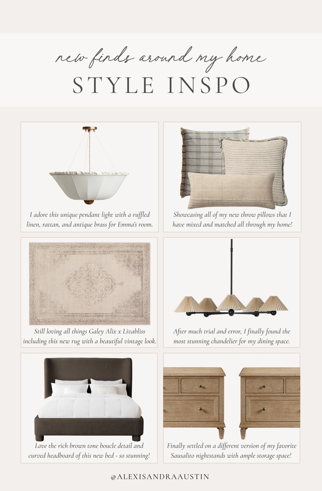 Rounding up all of my newest home finds! Collecting and curating the home takes time and patience, carefully selecting intentional, quality pieces to fill a space - including Emma’s bedroom refresh and finishing touches on my dining space.

Home finds, neutral home inspo, furniture favorites, neutral wood tones, lighting details, neutral area rug, vintage style area rug, cozy throw pillow, upholstered bed, boucle bed, nightstand details, storage furniture, chandelier, linen shade, spring refresh, bedroom refresh, dining room refresh, collected style, Pottery Barn style, Wayfair, Galey Alix, Livabliss, Lulu and Georgia, Amber Lewis, Loloi, Magnolia, shop the look!

#LTKHome #LTKSeasonal