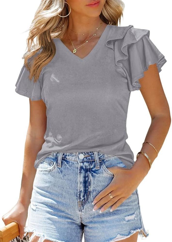 SHEWIN Womens Summer Tops V Neck Ruffle Short Sleeve T Shirts Casual Slim Fit | Amazon (US)