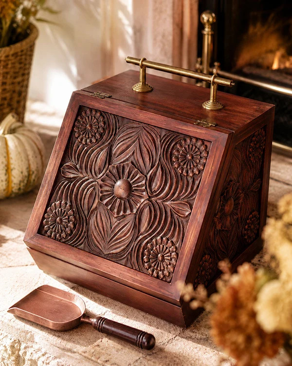 Rustic Fireplace Scuttle Box with Metal Liner and Trowel - Decor Steals | Decor Steals