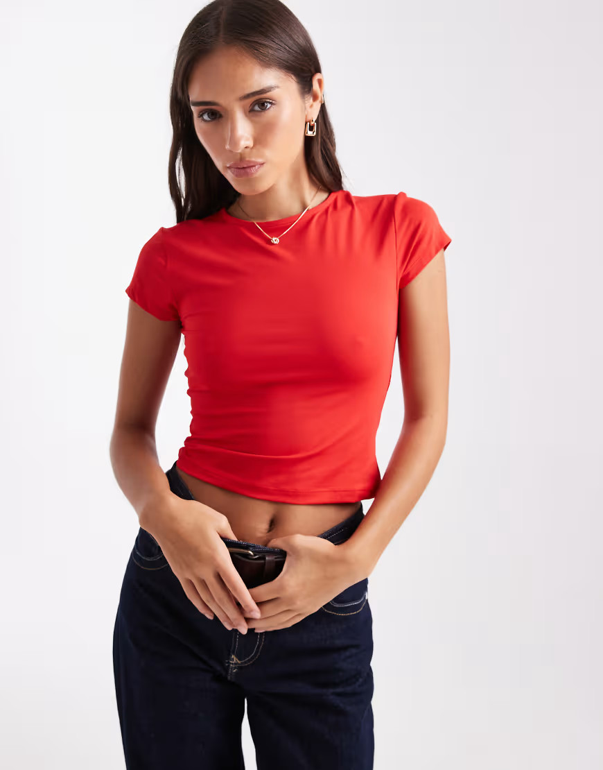 ASOS DESIGN polyamide slinky baby tee in red | ASOS (Global)