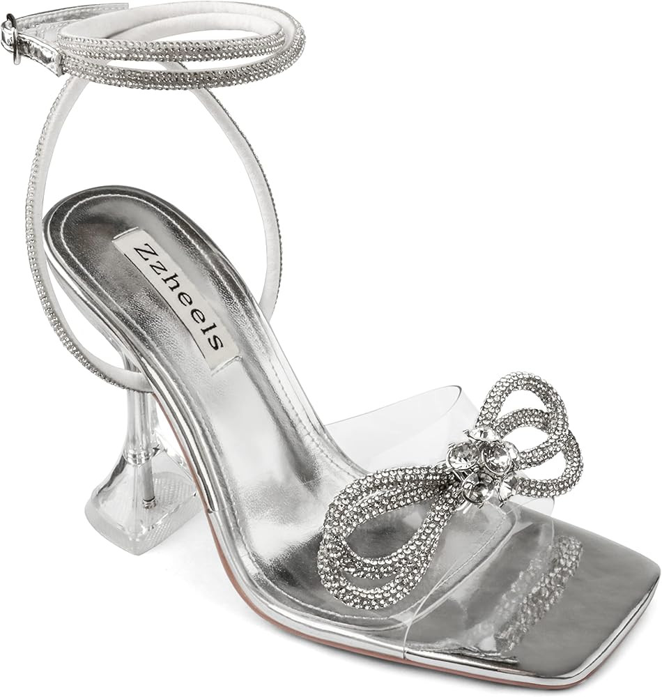 Zzheels Double Bowknots Crystal Sandals Clear Slingback Heels Square Toe Shoes for Party Wedding | Amazon (US)