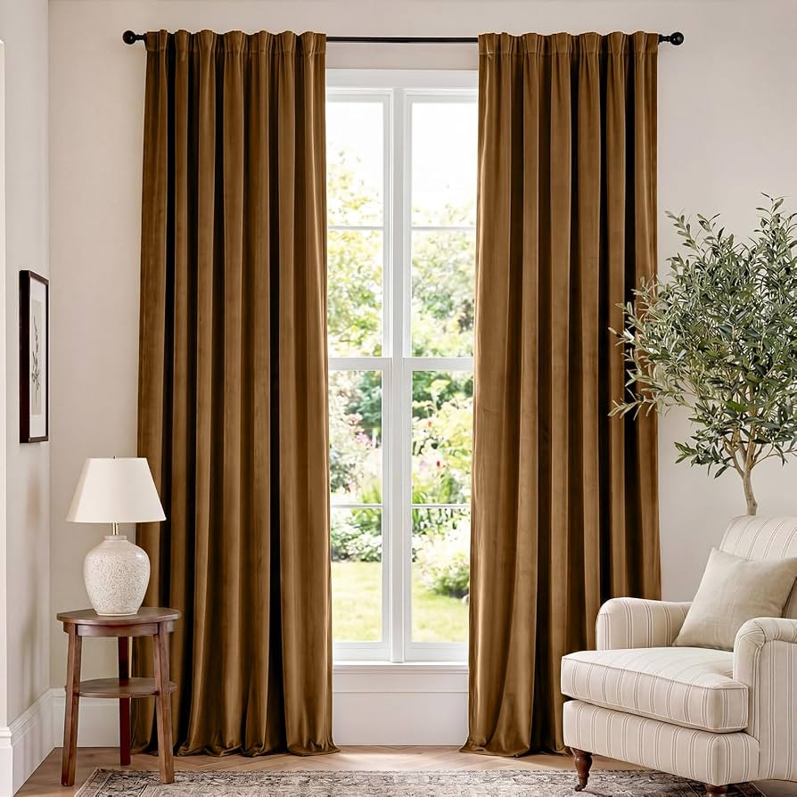 Lazzzy Blackout Golden Brown Velvet Curtains Rod Pocket 52\u00d796 Inch 2 Panels | Amazon (US)